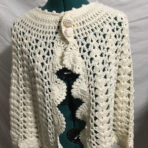 Crochet Shawl Wrap size Small? Cream w/ two woven buttons